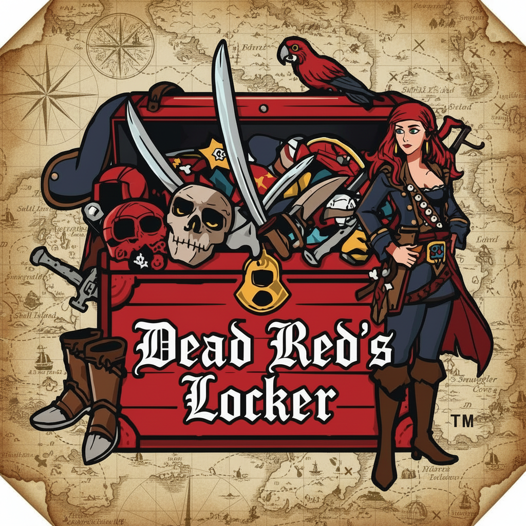 Logo for 'Dead Red's Locker' featuring a pirate-themed design with a woman, weapons, and a parrot.